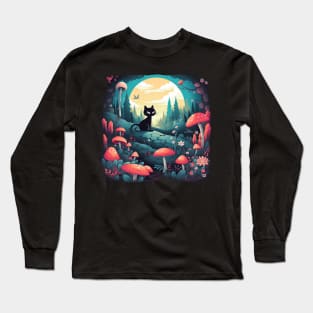 Mushroom Fairy Black Cat Landscape Long Sleeve T-Shirt